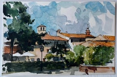 Mediterranean Village Rooftops Church Towers and Pine Trees Watercolor