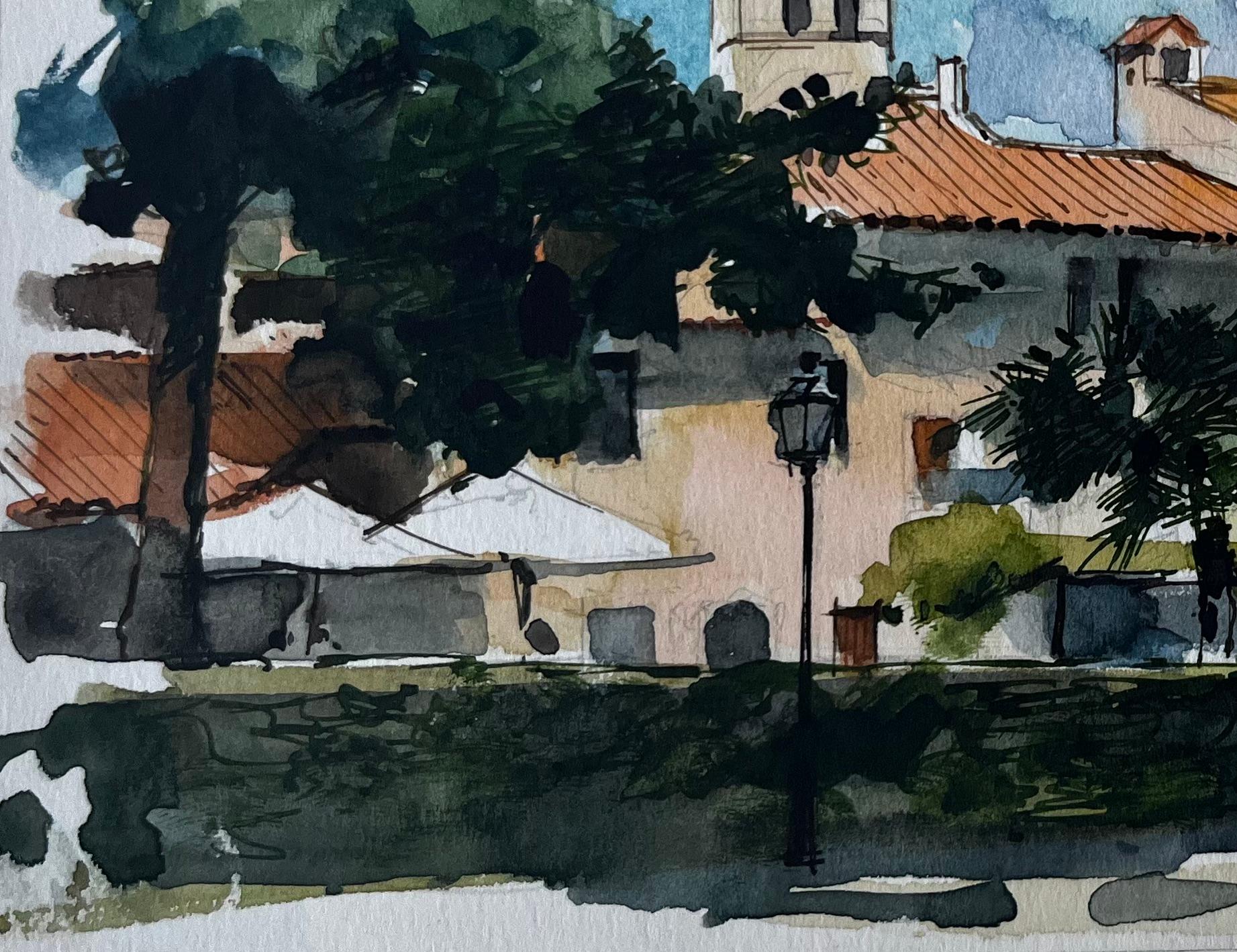 Village méditerranéen toits tours d'église et pins aquarelle - Noir Landscape Art par Pierre Neveu