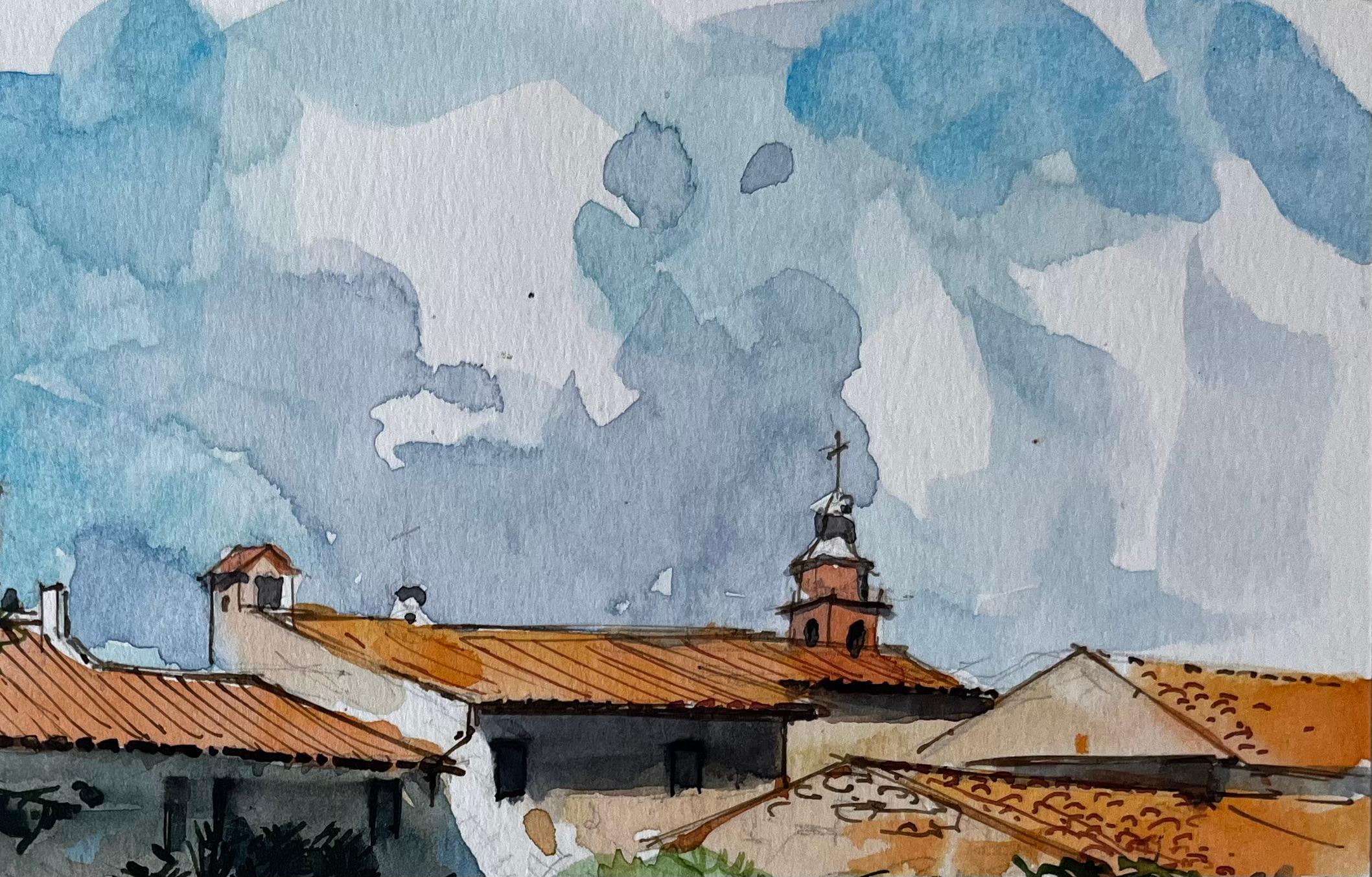 Village méditerranéen toits tours d'église et pins aquarelle en vente 1