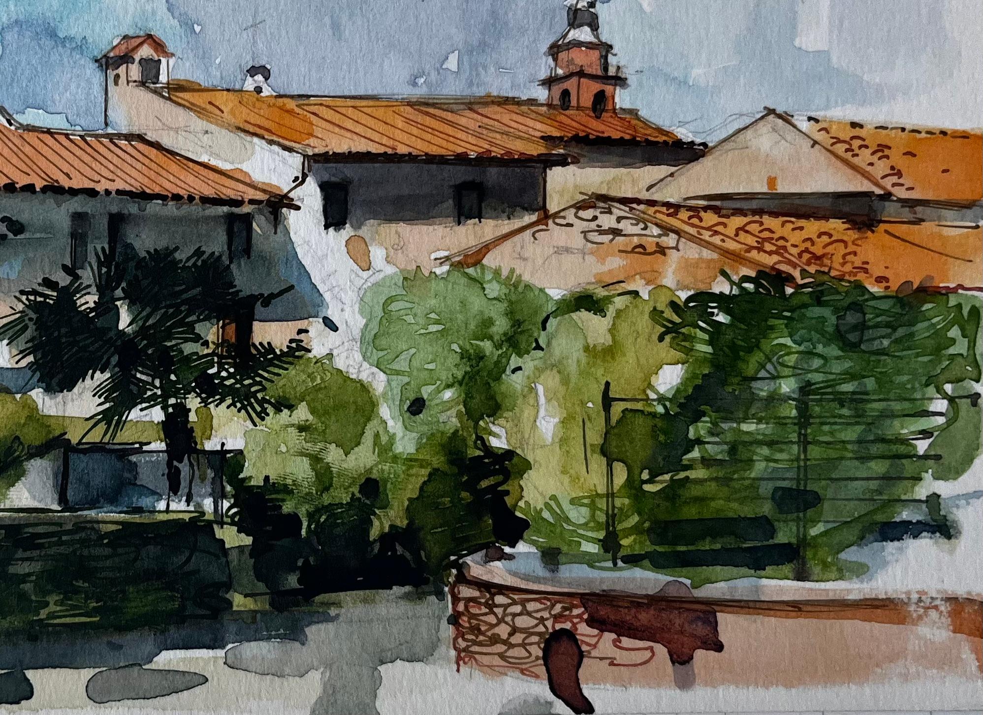 Village méditerranéen toits tours d'église et pins aquarelle - Post-impressionnisme Art par Pierre Neveu