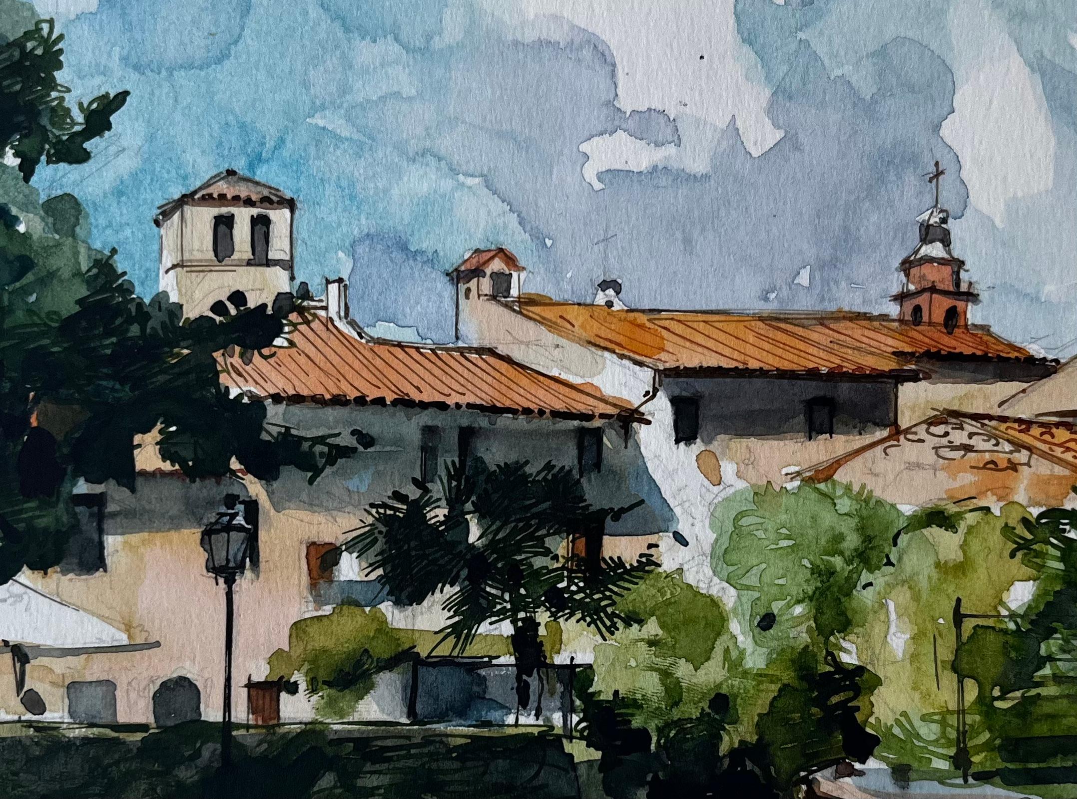 Village méditerranéen toits tours d'église et pins aquarelle en vente 2