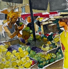 Market Stall Fruits Shoppers and Mediterranean Street Scene Watercolor