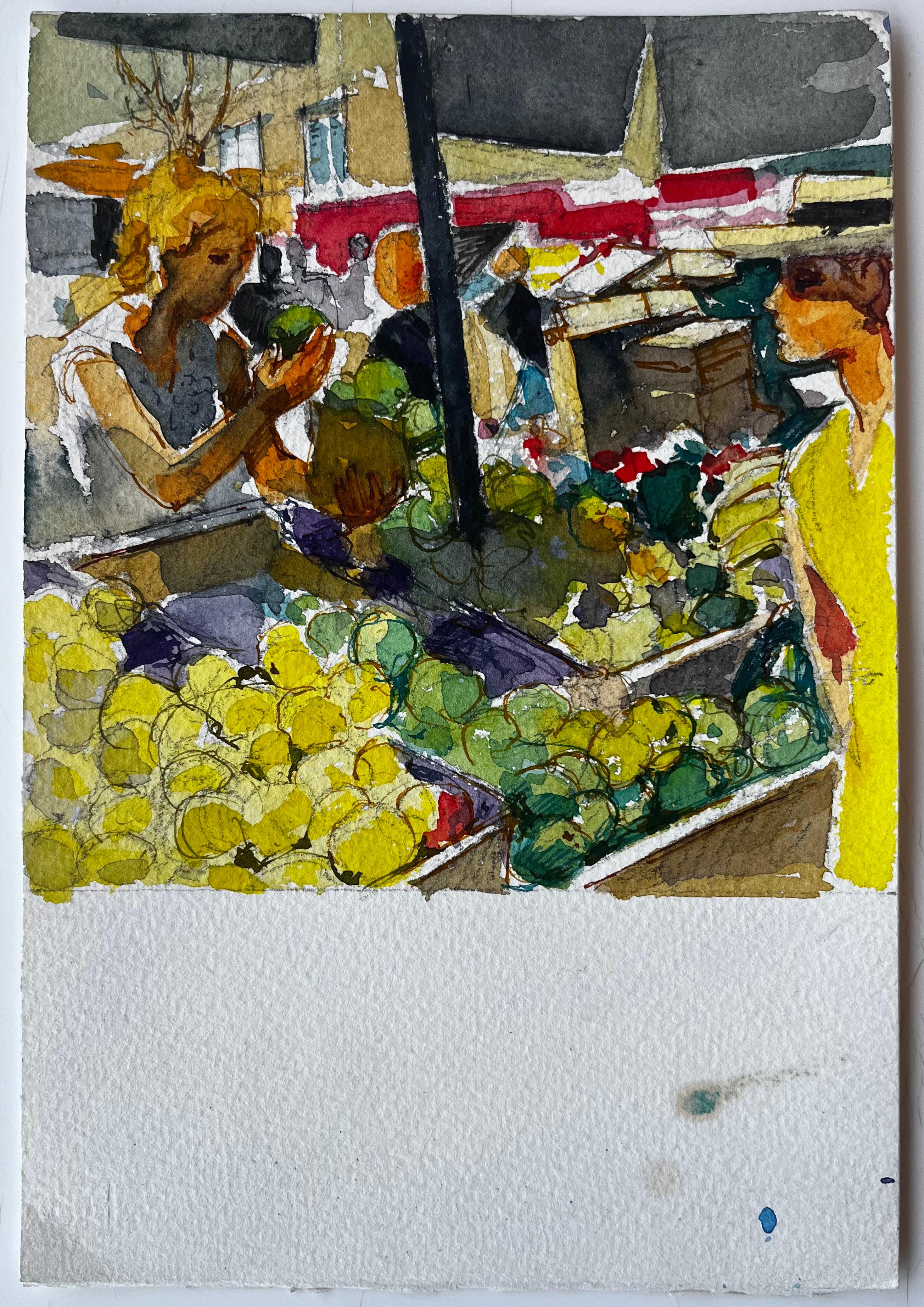 Puesto de mercado Frutas Compradores y Escena callejera mediterránea Acuarela - Art de Pierre Neveu