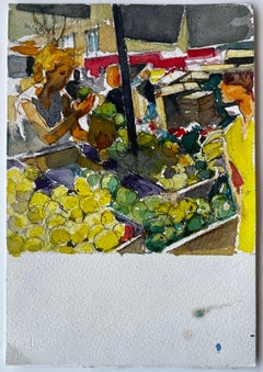 Market Stall Fruits Shoppers and Mediterranean Street Scene Watercolor