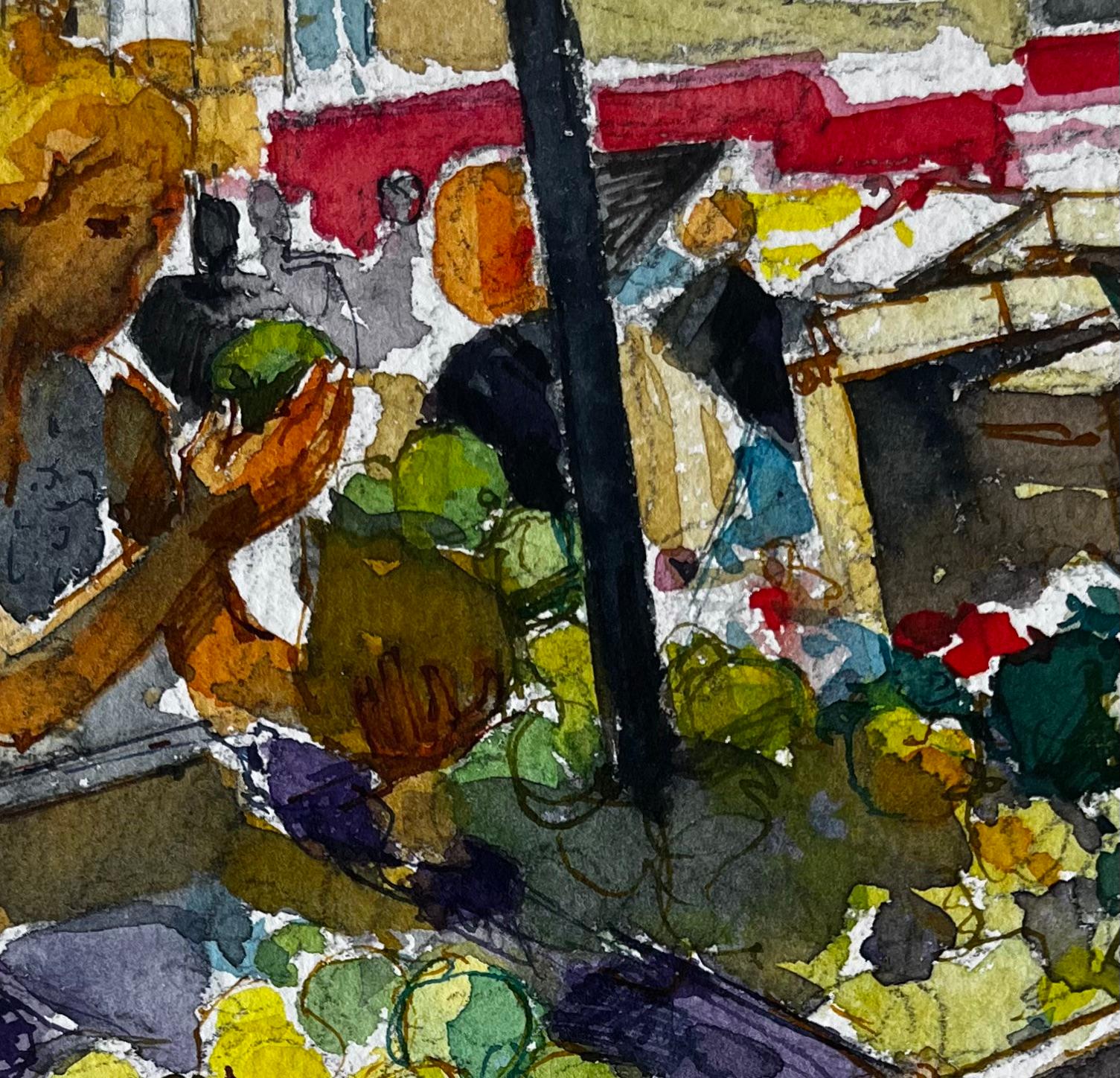 Puesto de mercado Frutas Compradores y Escena callejera mediterránea Acuarela en venta 2