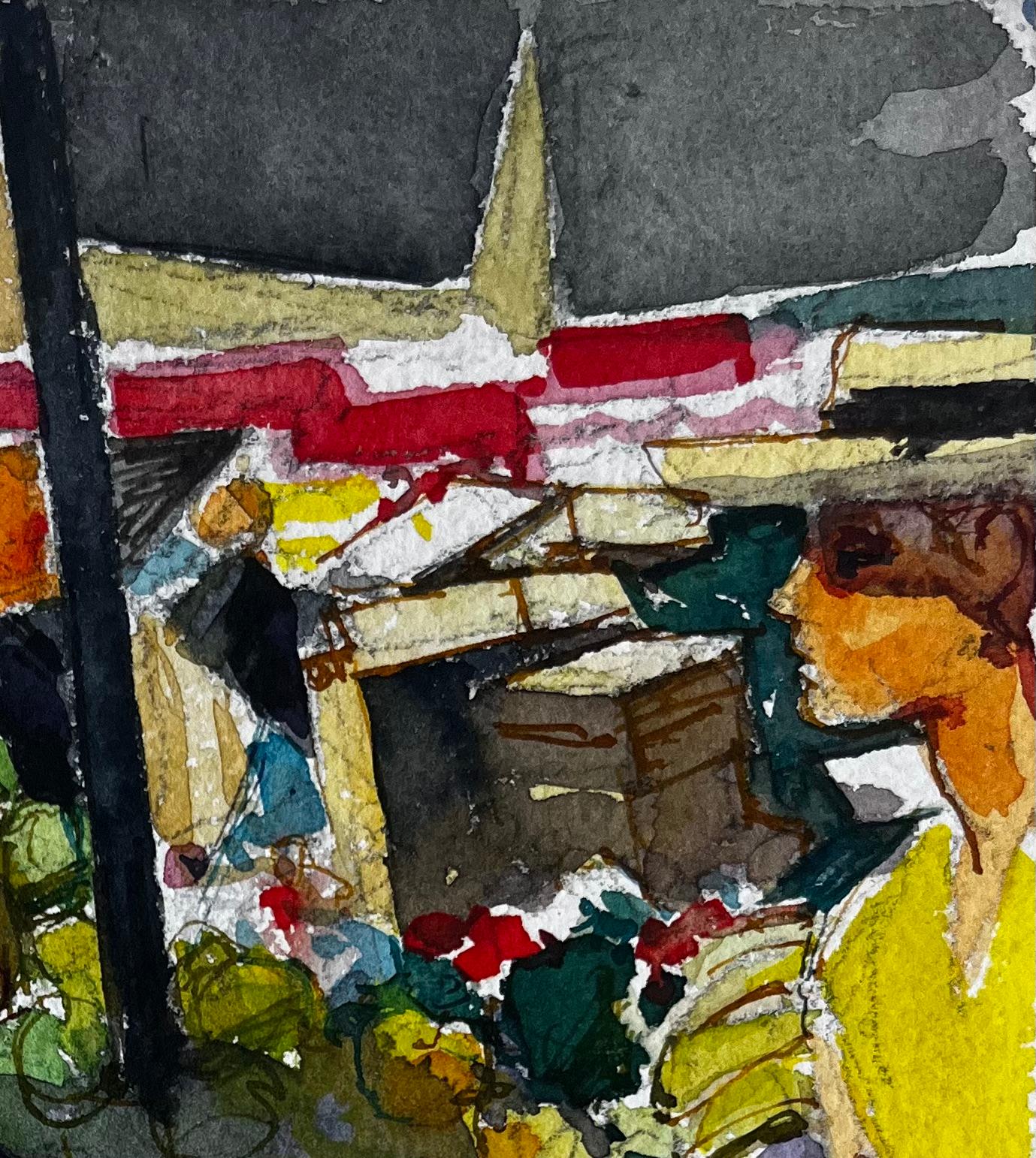 Puesto de mercado Frutas Compradores y Escena callejera mediterránea Acuarela - Landscape Art Marrón de Pierre Neveu