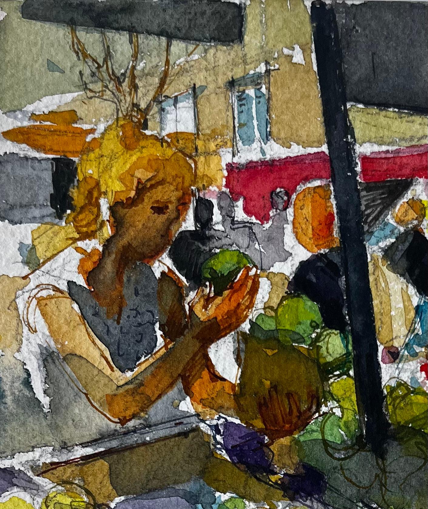 Puesto de mercado Frutas Compradores y Escena callejera mediterránea Acuarela - Art Posimpresionista de Pierre Neveu
