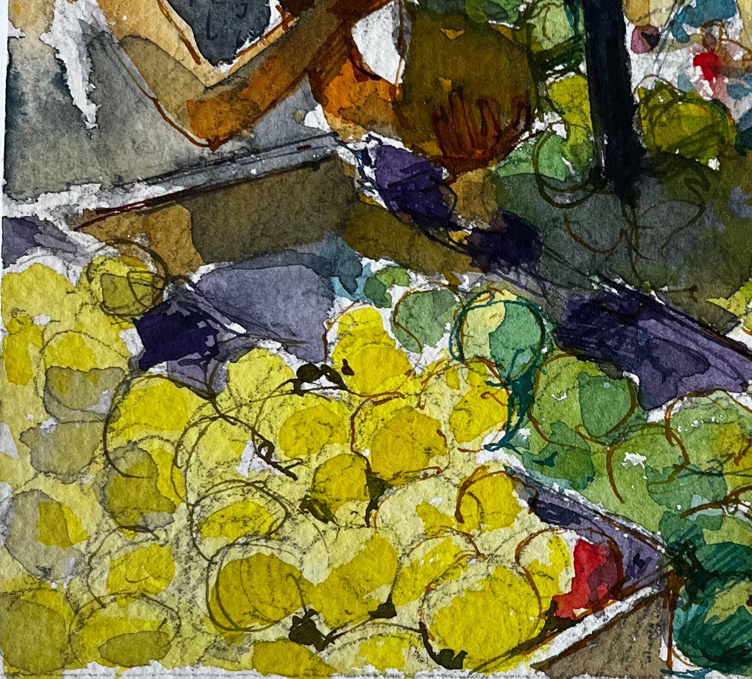 Puesto de mercado Frutas Compradores y Escena callejera mediterránea Acuarela en venta 1