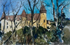 French Castle Towers Winter Trees and Blue Sky Landscape Watercolor