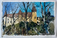 French Castle Towers Winter Trees and Blue Sky Landscape Watercolor