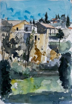 Mediterranean Hilltop Houses Cypress Trees and Sunlit Landscape Watercolor