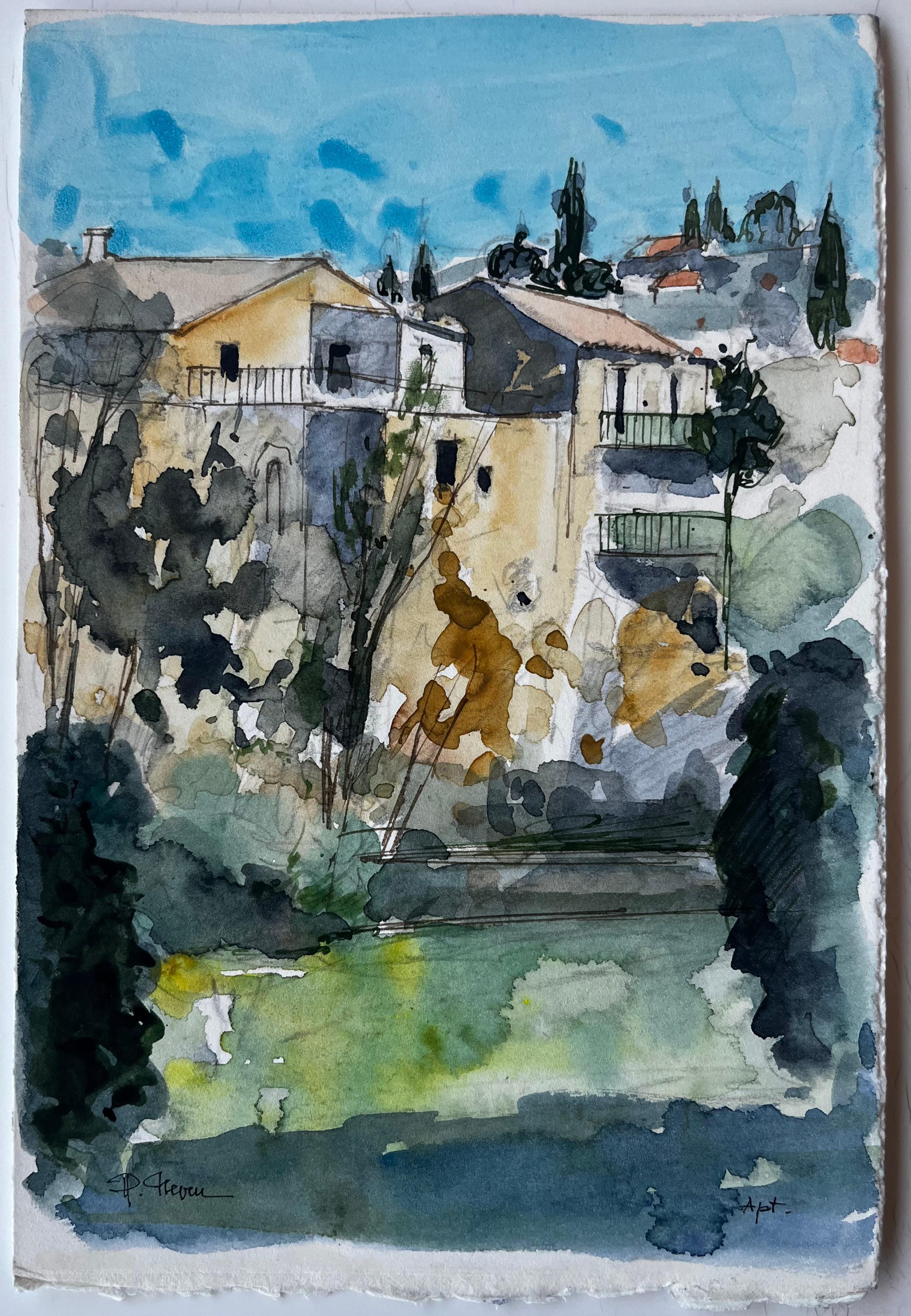 Maisons méditerranéennes au sommet d'une colline Cyprès et paysage ensoleillé Aquarelle - Art de Pierre Neveu