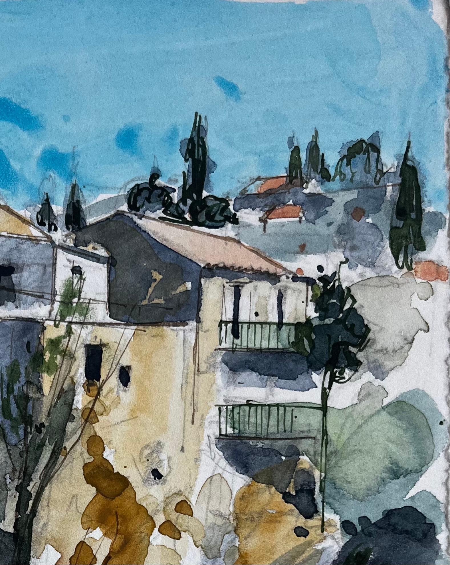 Maisons méditerranéennes au sommet d'une colline Cyprès et paysage ensoleillé Aquarelle - Post-impressionnisme Art par Pierre Neveu