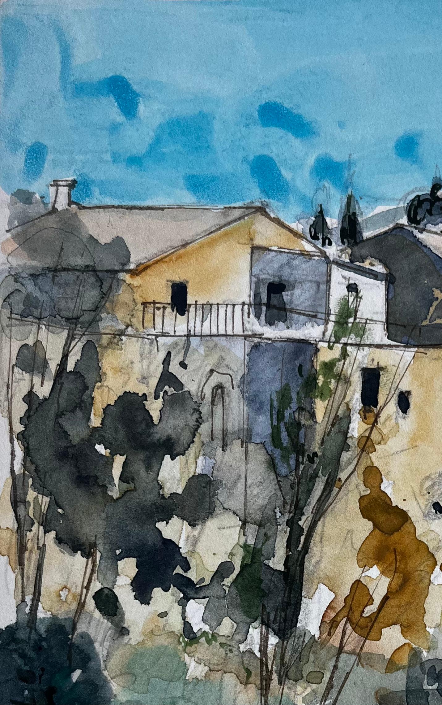 Maisons méditerranéennes au sommet d'une colline Cyprès et paysage ensoleillé Aquarelle - Gris Landscape Art par Pierre Neveu