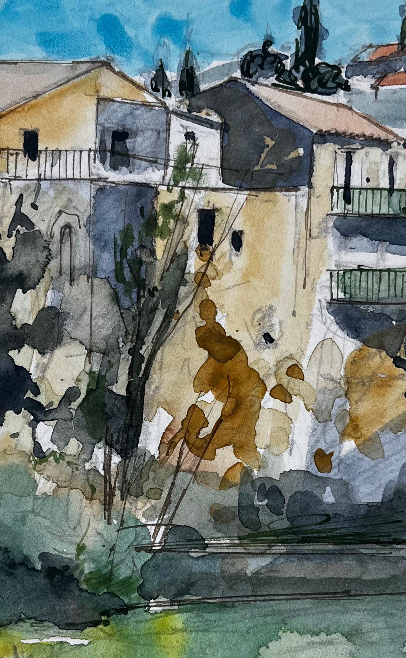 Maisons méditerranéennes au sommet d'une colline Cyprès et paysage ensoleillé Aquarelle en vente 2