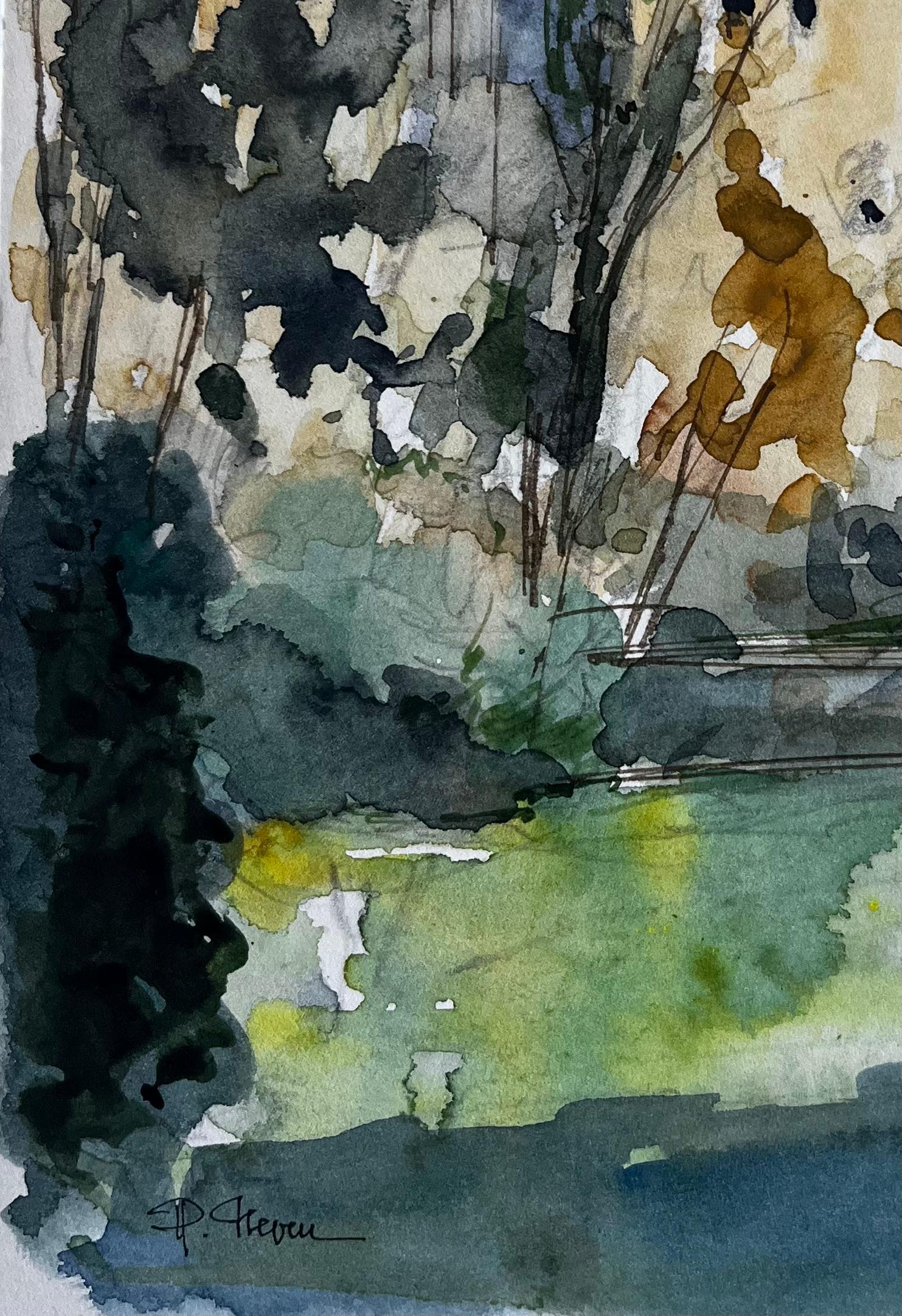 Maisons méditerranéennes au sommet d'une colline Cyprès et paysage ensoleillé Aquarelle en vente 1