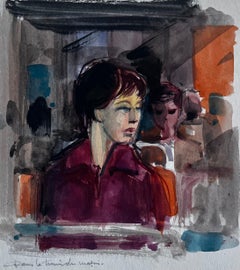 Woman on Morning Train Interior Commuter Portrait Watercolor