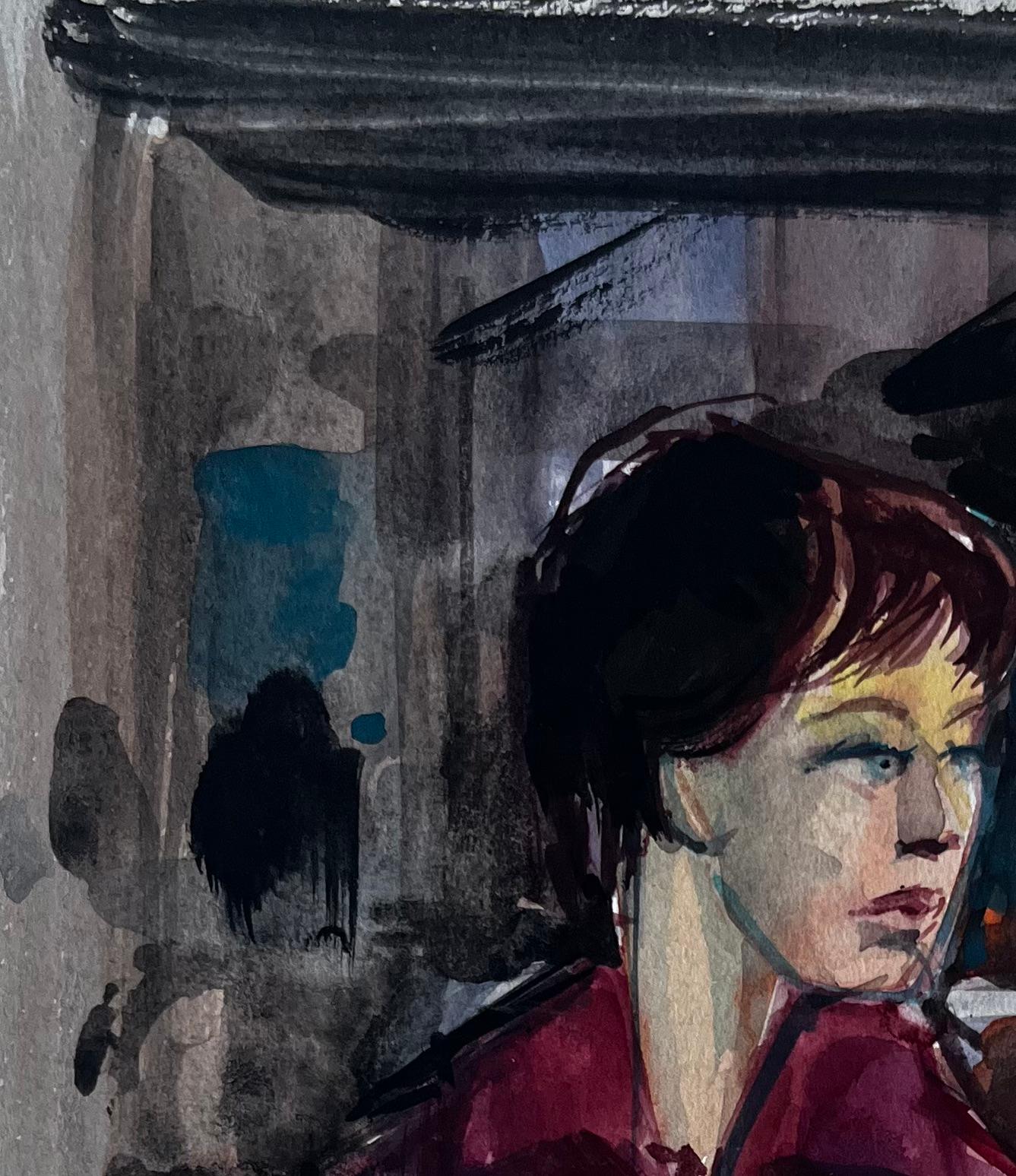 Donna su treno mattutino Ritratto interno di pendolare Acquerello - Art Postimpressionismo di Pierre Neveu