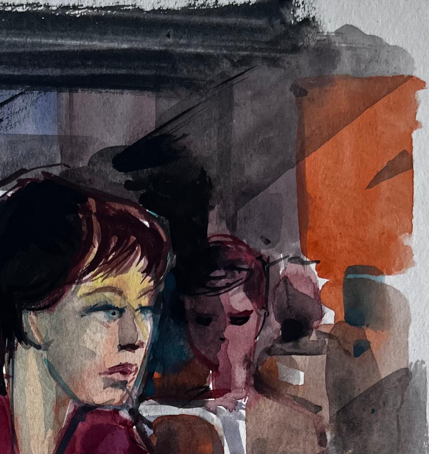 Donna su treno mattutino Ritratto interno di pendolare Acquerello - Landscape Art Nero di Pierre Neveu