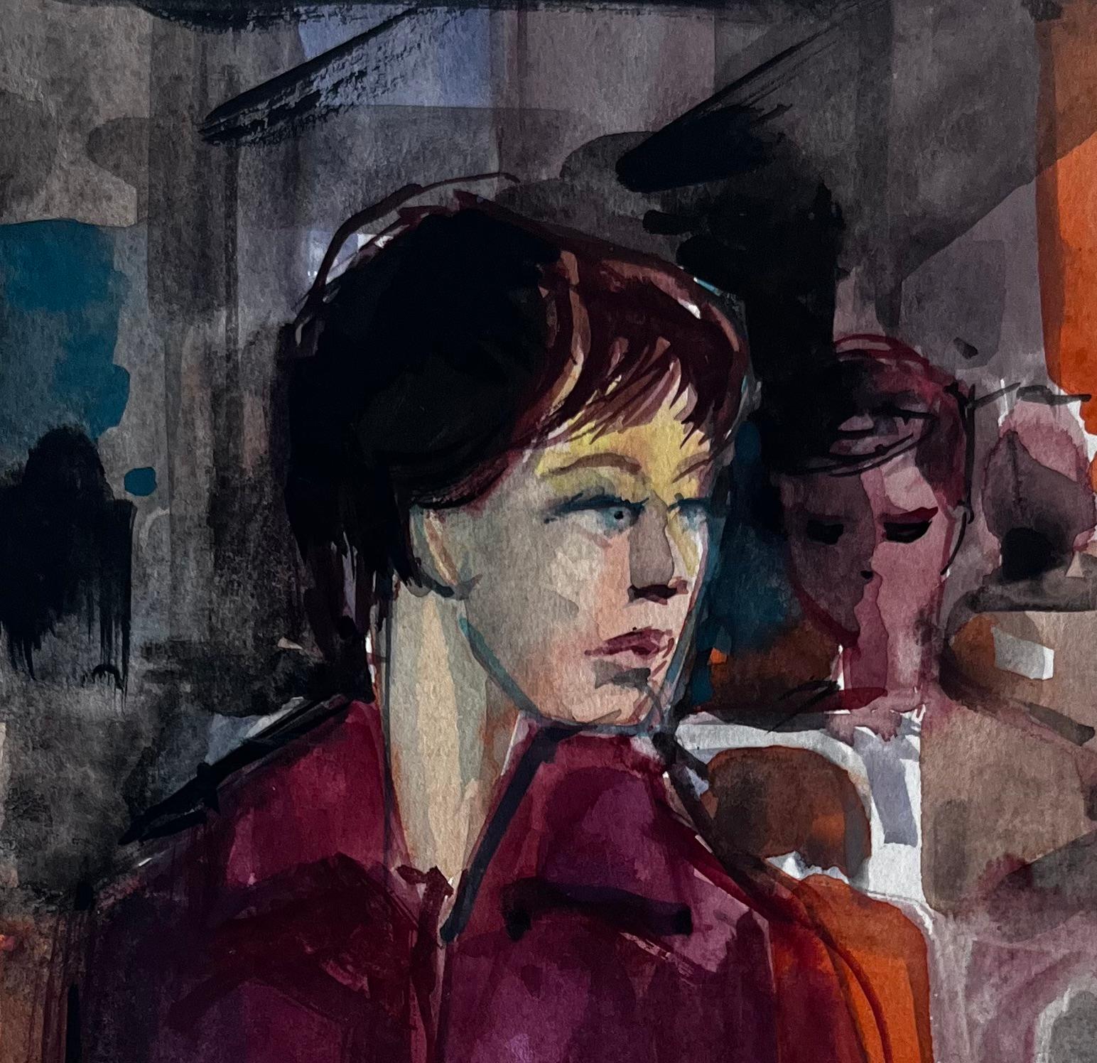 Donna su treno mattutino Ritratto interno di pendolare Acquerello in vendita 2