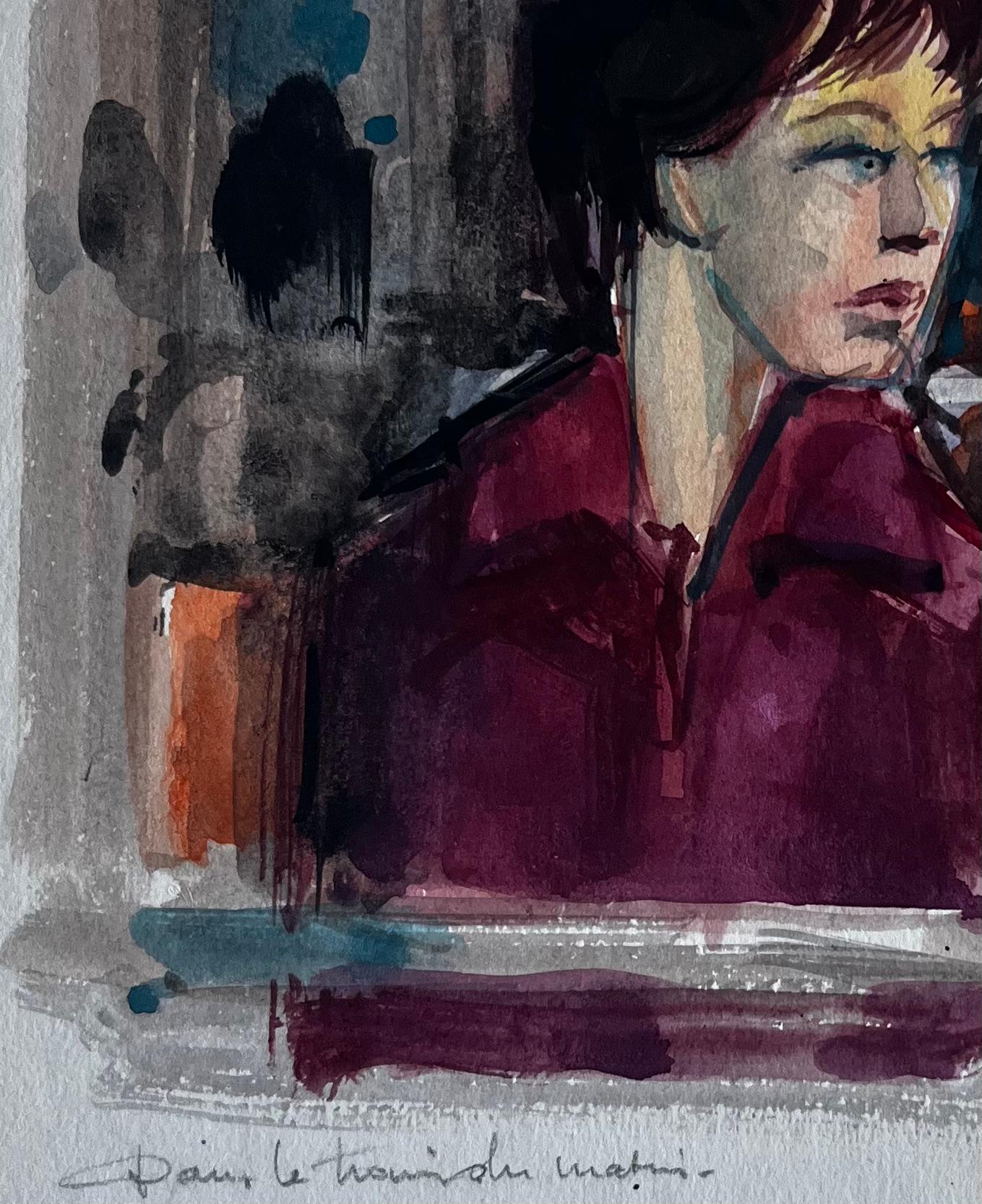 Donna su treno mattutino Ritratto interno di pendolare Acquerello in vendita 1