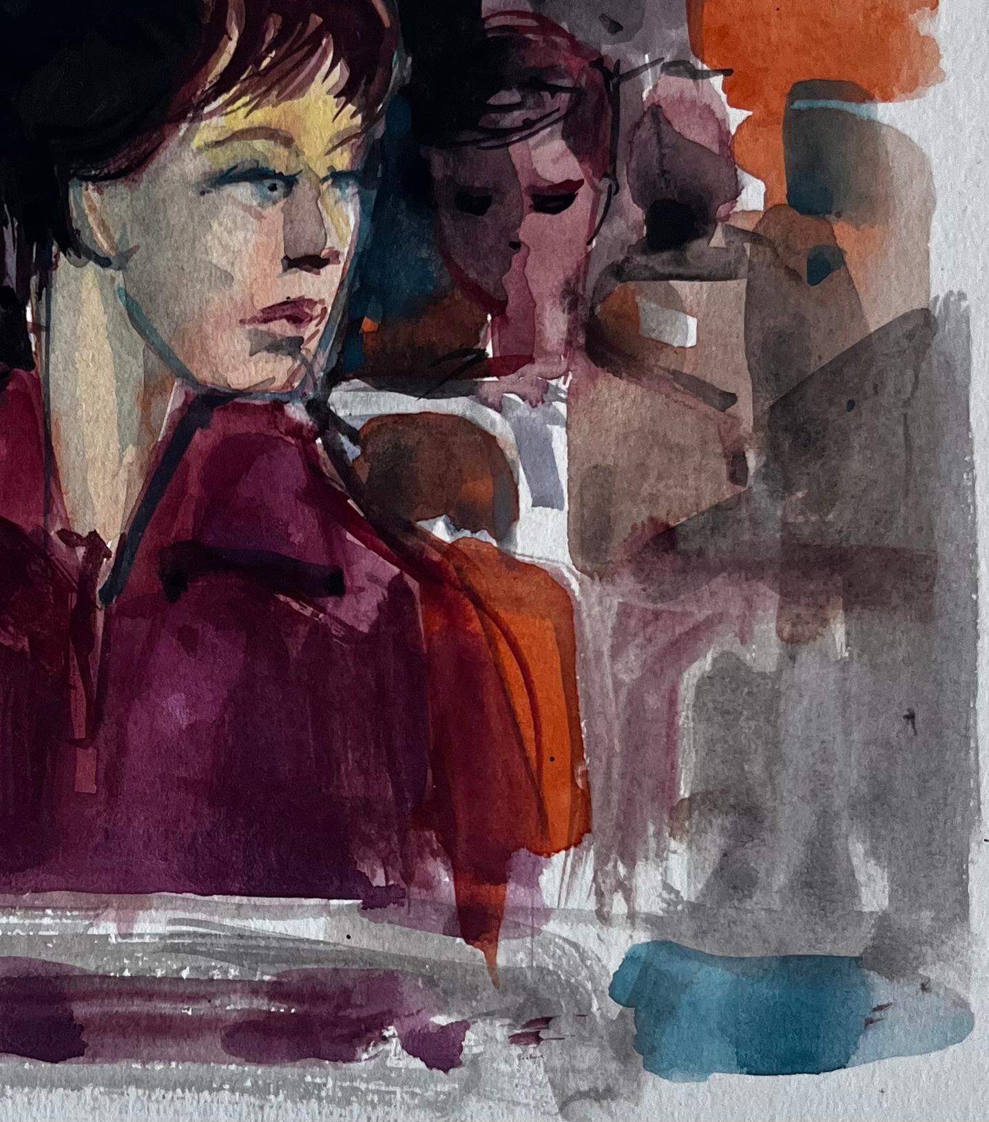 Titolo: Donna sul treno del mattino Ritratto interno di pendolare Acquerello
Artista: Pierre Neveu (francese, nato nel 1929)
Medium: Acquerello su cartoncino, senza cornice
Dimensioni (H. x L): 10,25 x 7,25 pollici
Iscrizione illeggibile in basso a