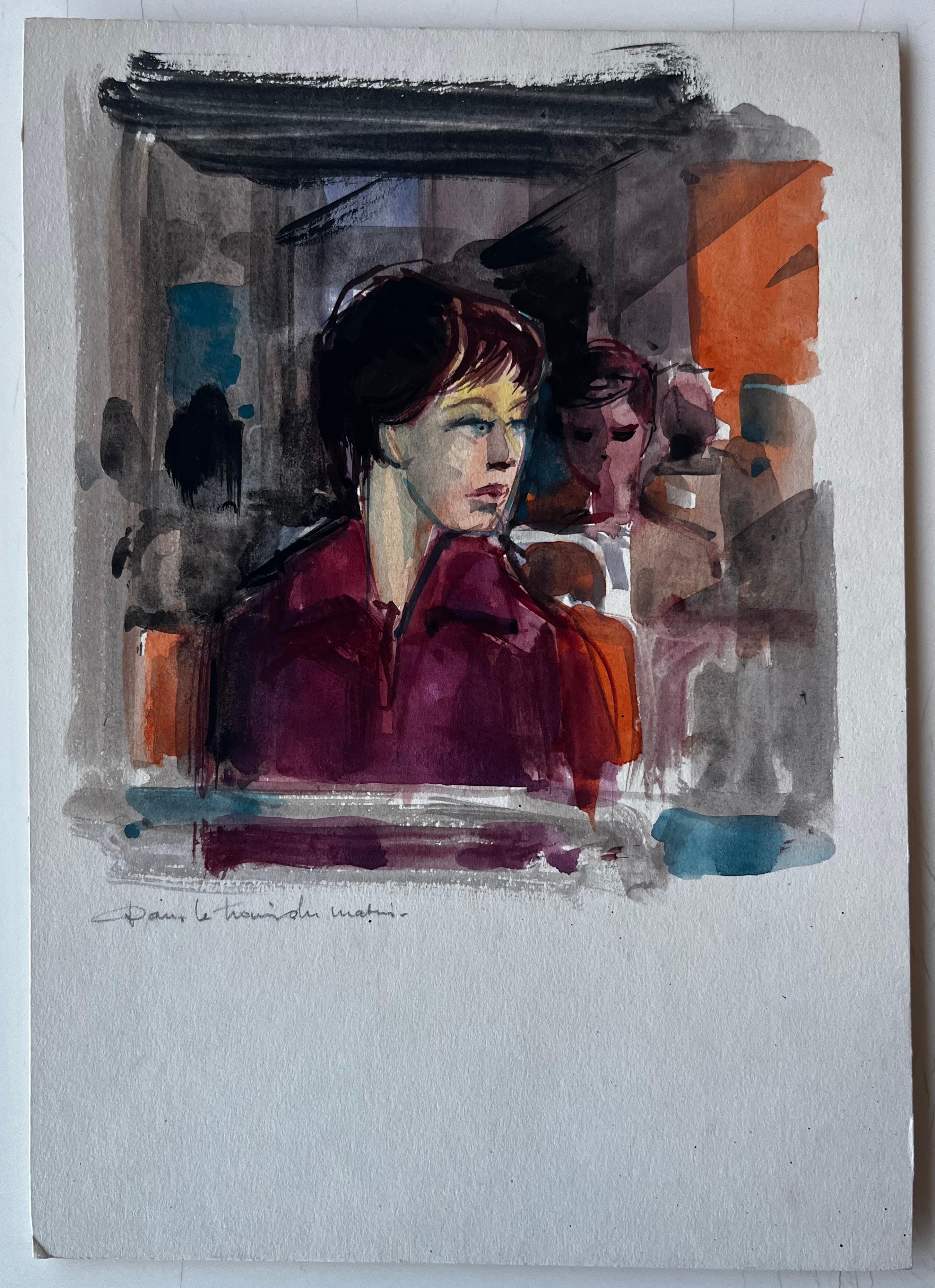 Donna su treno mattutino Ritratto interno di pendolare Acquerello - Art di Pierre Neveu