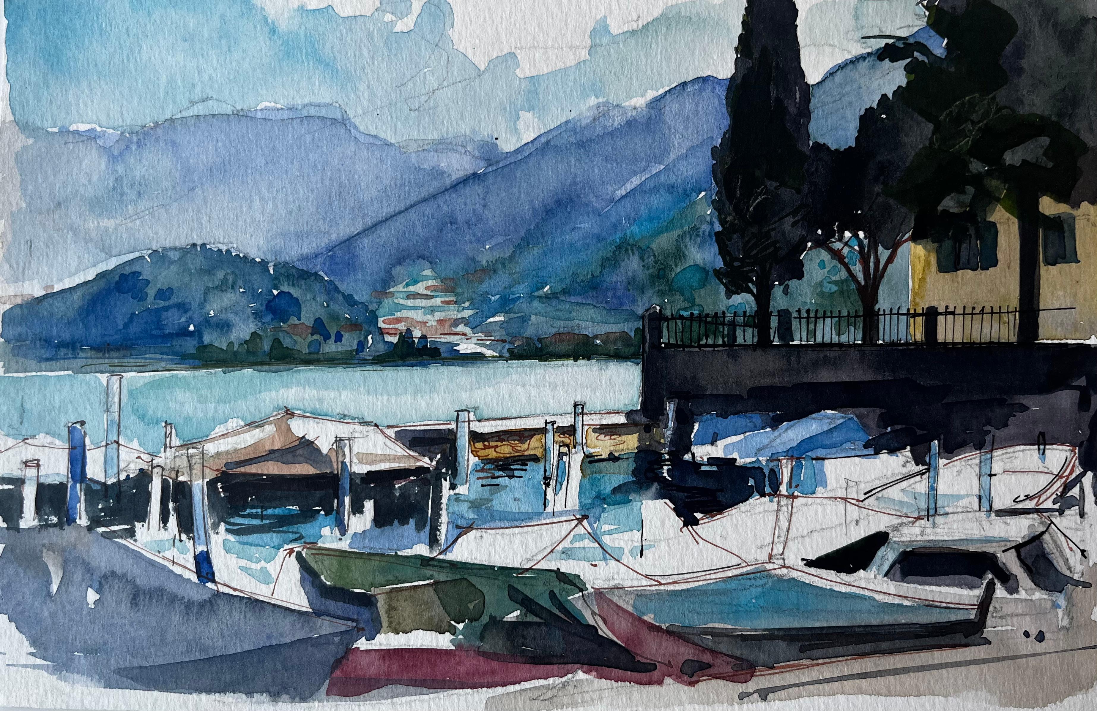 Lacs italiens bateaux portuaires montagnes et villa aquarelle