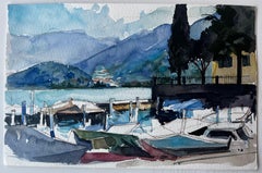 Italian Lakeside Harbour Boats Mountains and Villa Watercolor