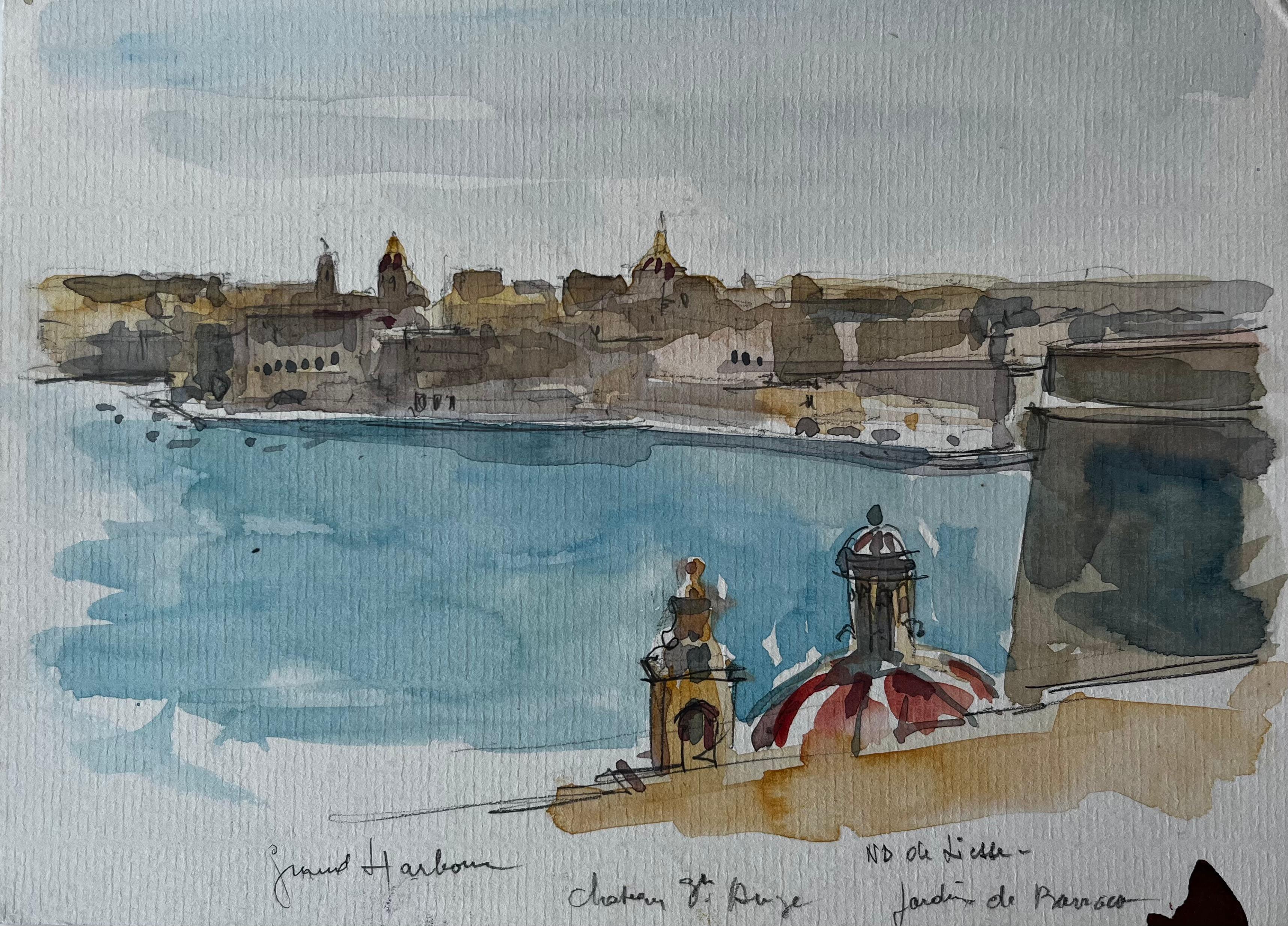 Landscape Art Pierre Neveu - La Valette Grand Harbour Fort St Angelo et jardins de Barrakka Méditerranée