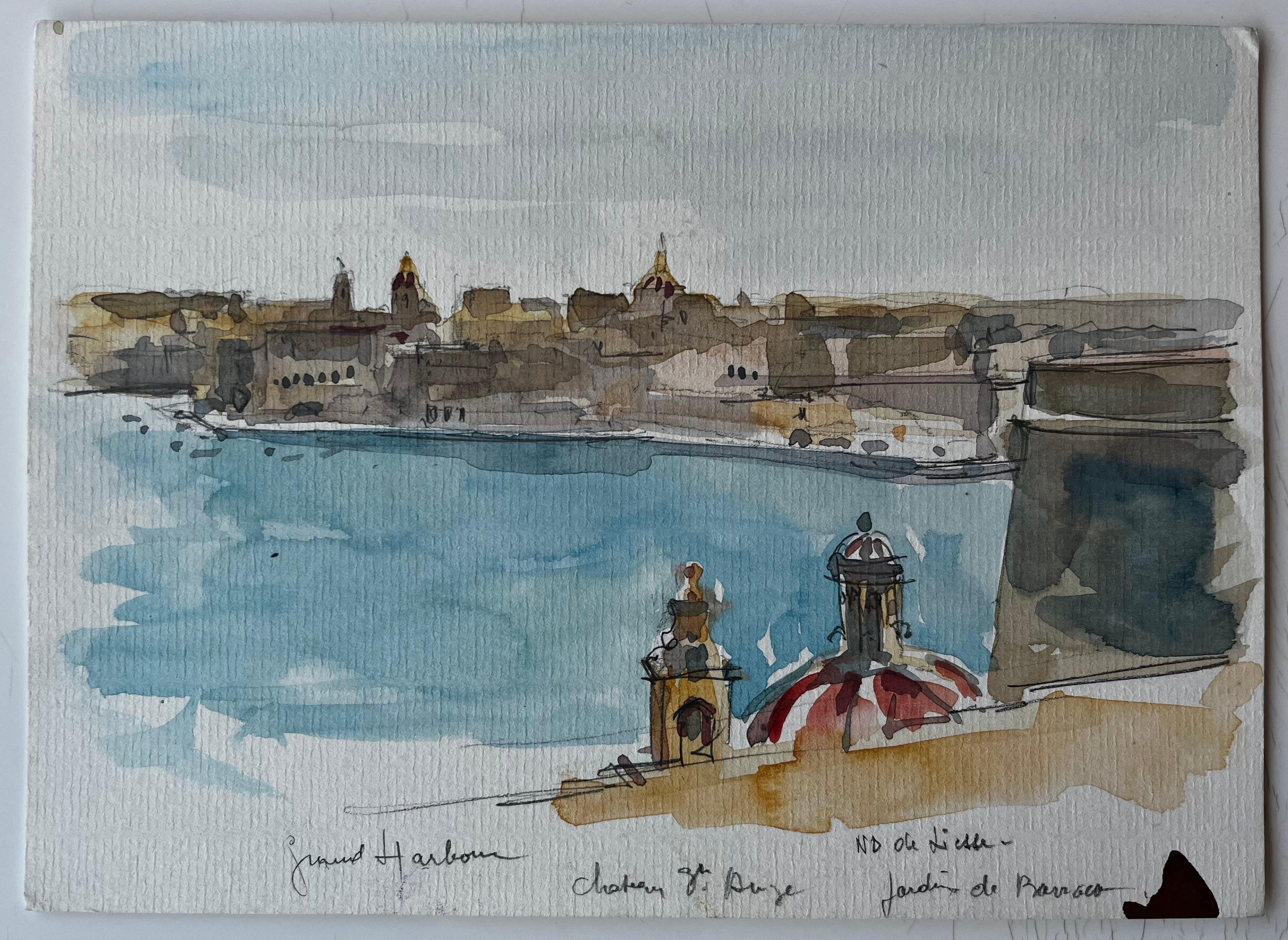 La Valette Grand Harbour Fort St Angelo et jardins de Barrakka Méditerranée - Art de Pierre Neveu