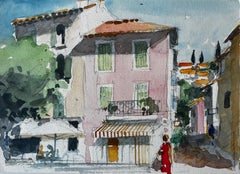 Vintage Provence Pink House Village Street Scene Woman in Red French Watercolor