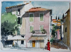 Provence Pink House Village Street Scene Woman in Red French Watercolor