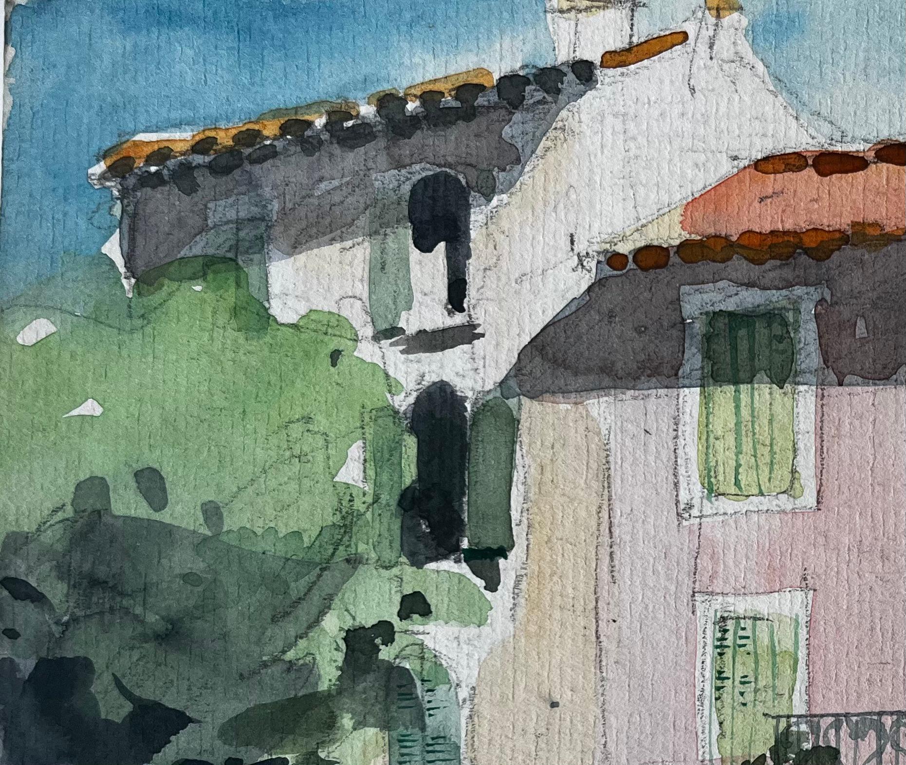 Titel: Provence Rosa Haus Dorf Straßenszene Frau in Rot Französisch Aquarell
Künstler: Pierre Neveu (Franzose, geb. 1929)
Medium: Aquarell auf Künstlerpapier, ungerahmt
Größe (H x B): 6,25 x 8,5 Zoll
Zustand: Insgesamt gut, mit leichten