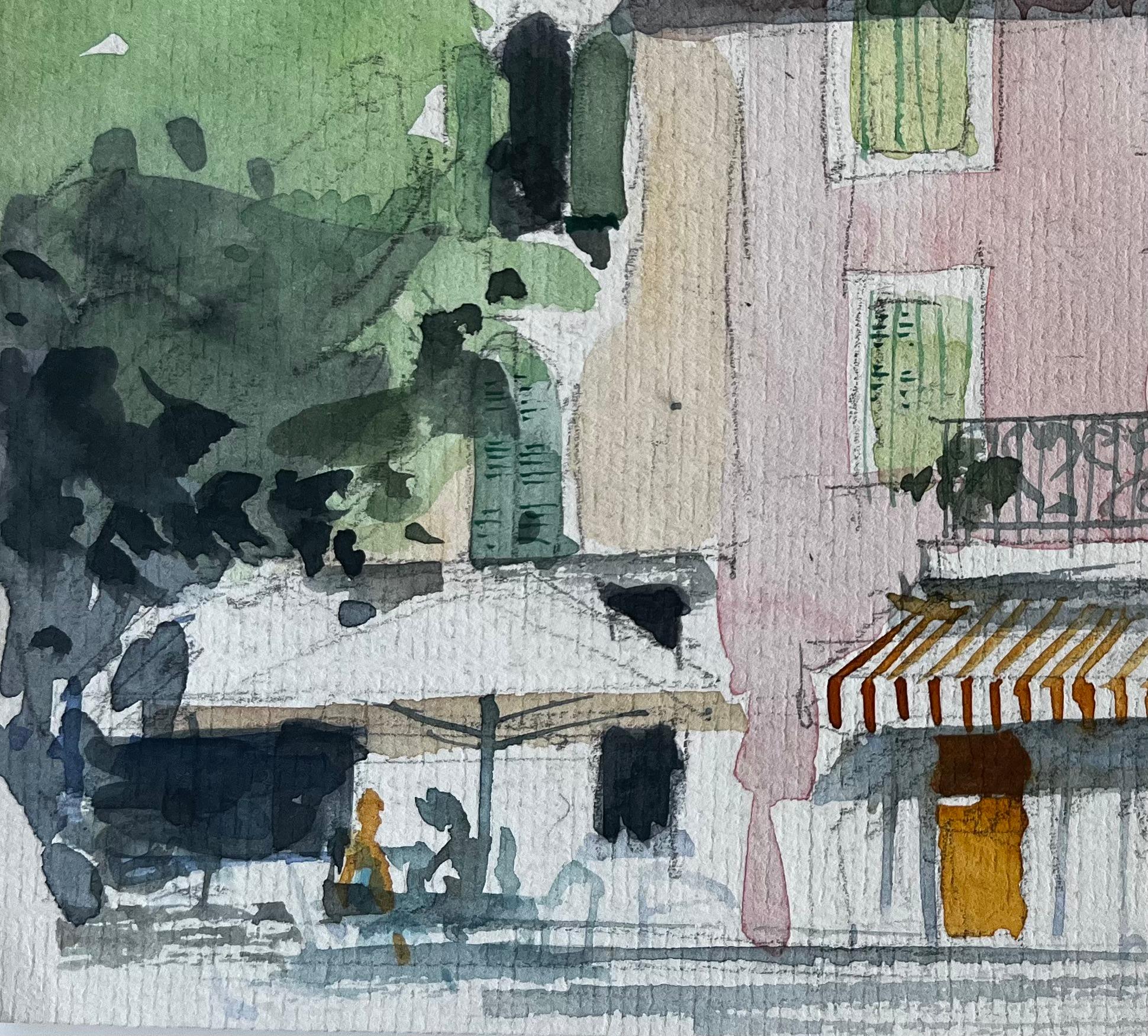 Provence Rosa Haus Dorf Straßenszene Frau in Rot Französisch Aquarell im Angebot 1