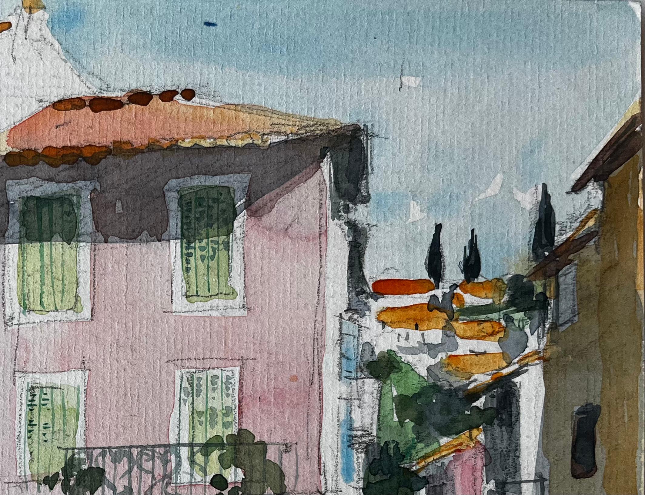 Provence Rosa Haus Dorf Straßenszene Frau in Rot Französisch Aquarell (Grau), Landscape Painting, von Pierre Neveu