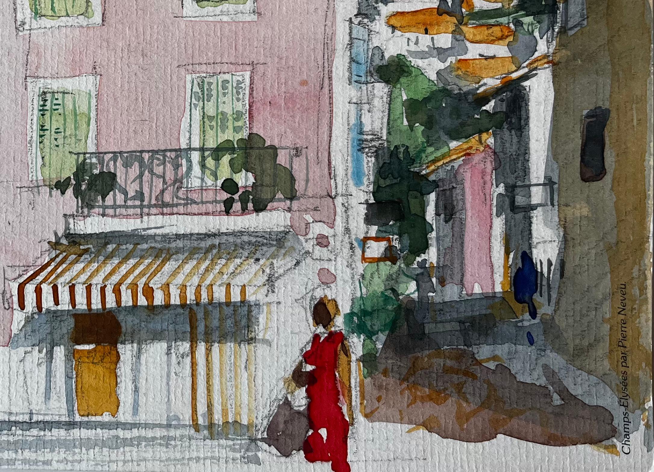Provence Rosa Haus Dorf Straßenszene Frau in Rot Französisch Aquarell (Post-Impressionismus), Painting, von Pierre Neveu