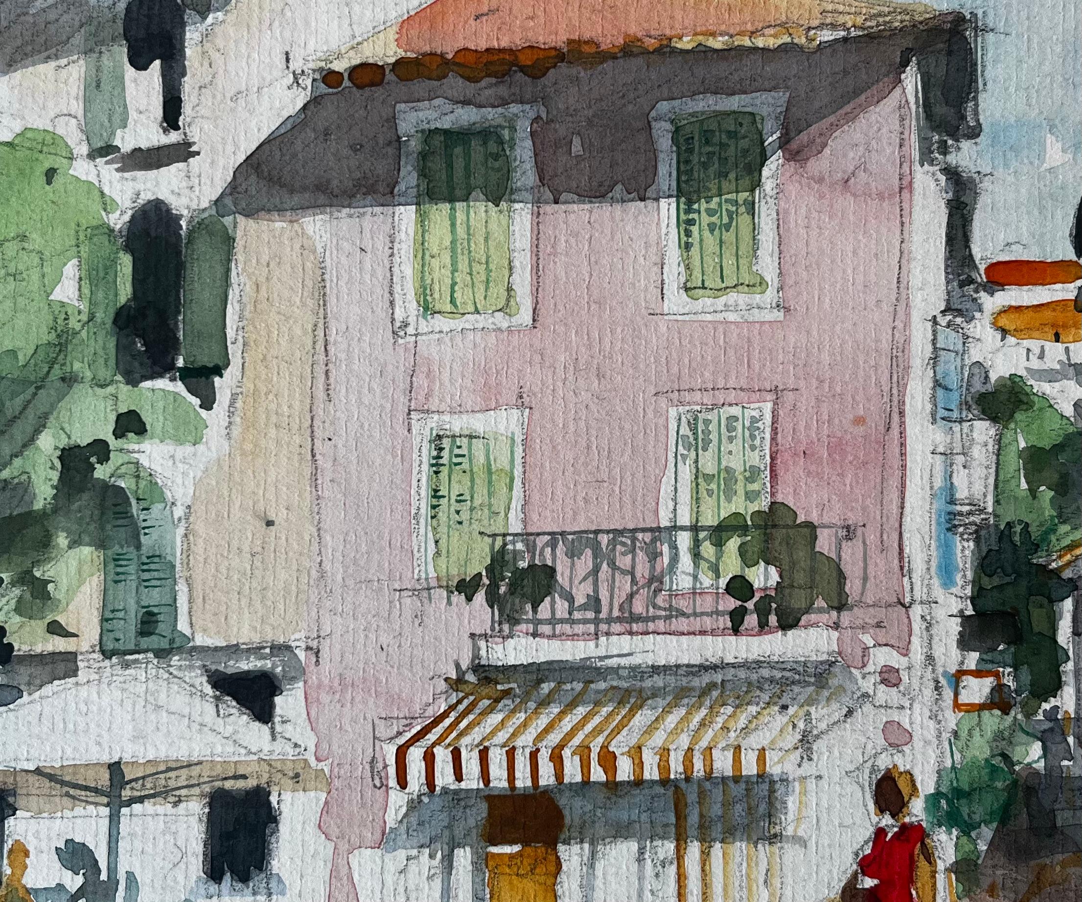 Provence Rosa Haus Dorf Straßenszene Frau in Rot Französisch Aquarell im Angebot 2