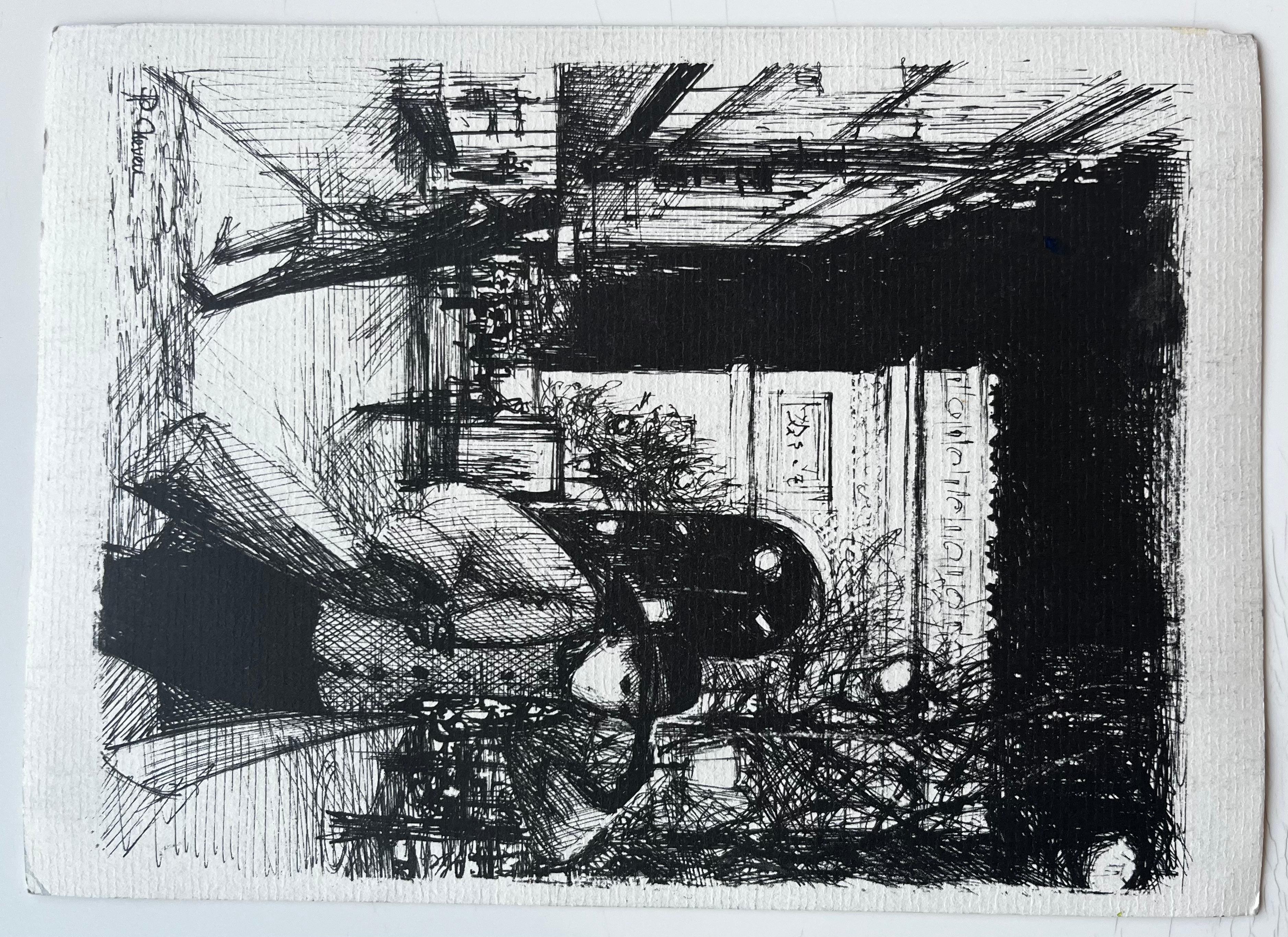 Provence Rosa Haus Dorf Straßenszene Frau in Rot Französisch Aquarell im Angebot 3