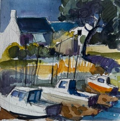Treguier Brittany Harbour Boats Low Tide French Coastal Watercolor (aquarelle côtière française)