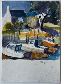 Treguier Brittany Harbour Boats Low Tide French Coastal Watercolor
