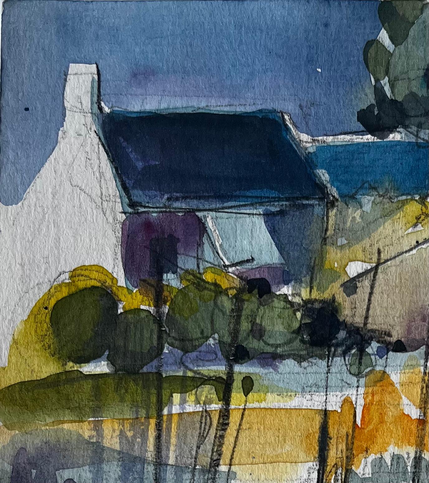 Treguier Bretaña Puerto Barcos Marea Baja Acuarela Costera Francesa - Landscape Art Negro de Pierre Neveu