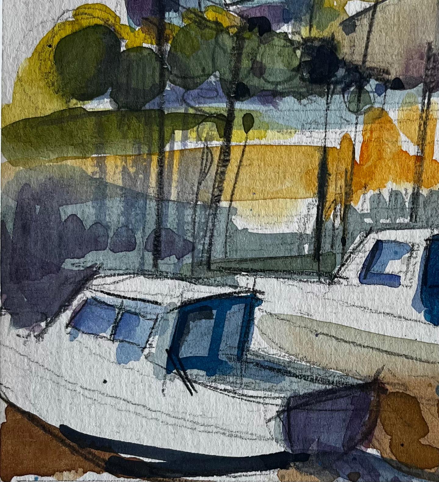 Treguier Bretaña Puerto Barcos Marea Baja Acuarela Costera Francesa en venta 1