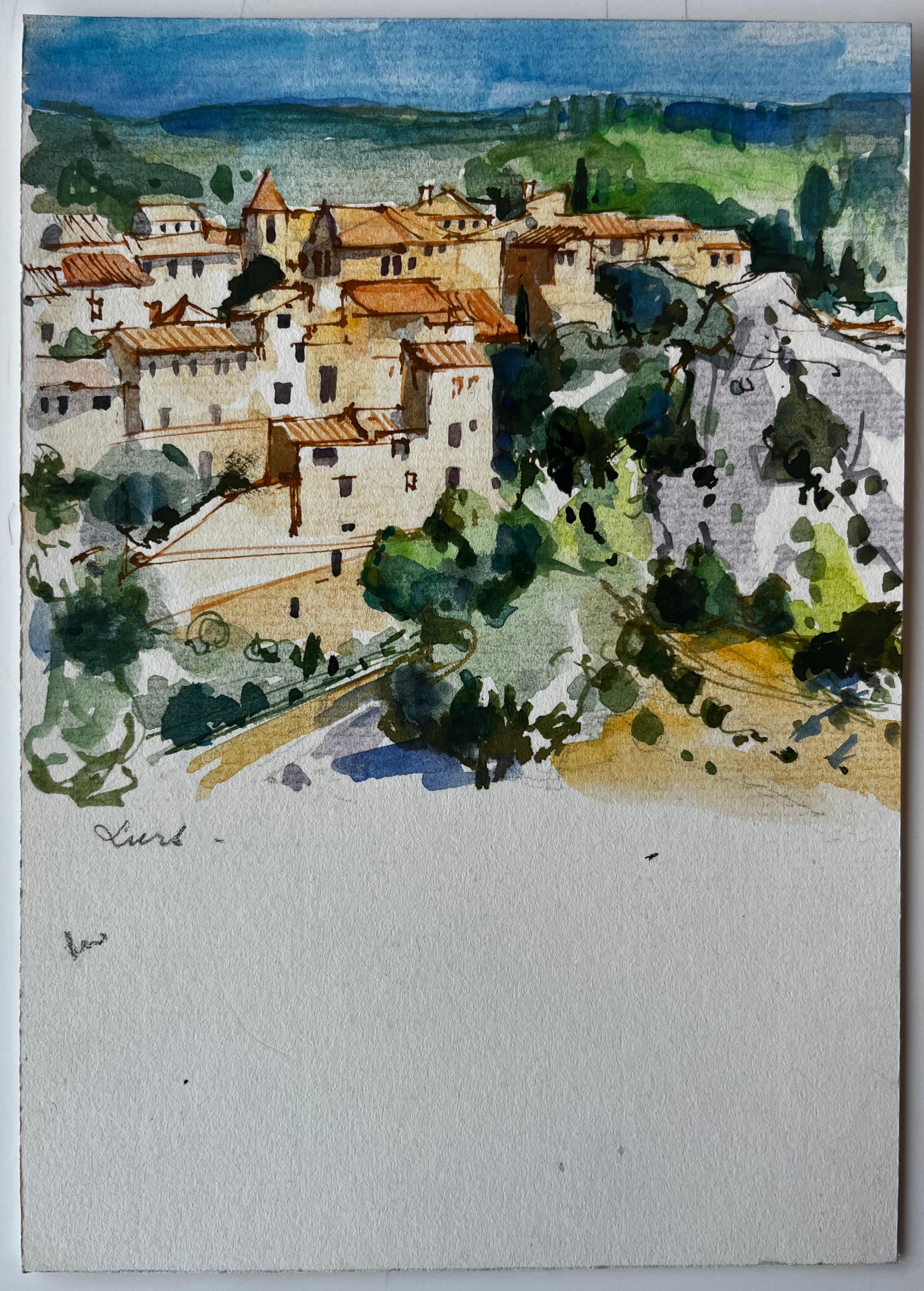 Lurs Provence Village perché Toits en terre cuite Paysage français Aquarelle - Art de Pierre Neveu