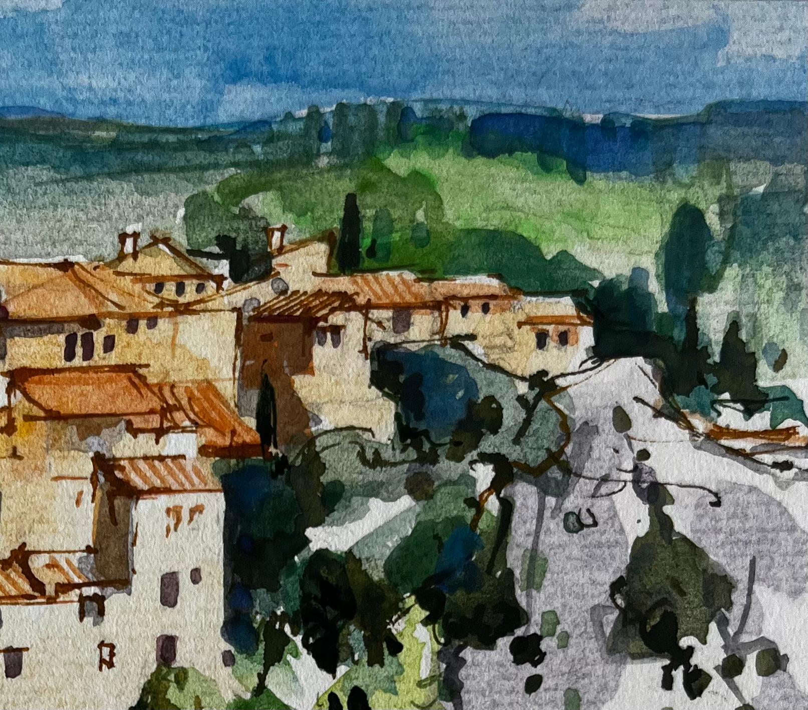 Lurs Provence Village perché Toits en terre cuite Paysage français Aquarelle - Gris Landscape Art par Pierre Neveu