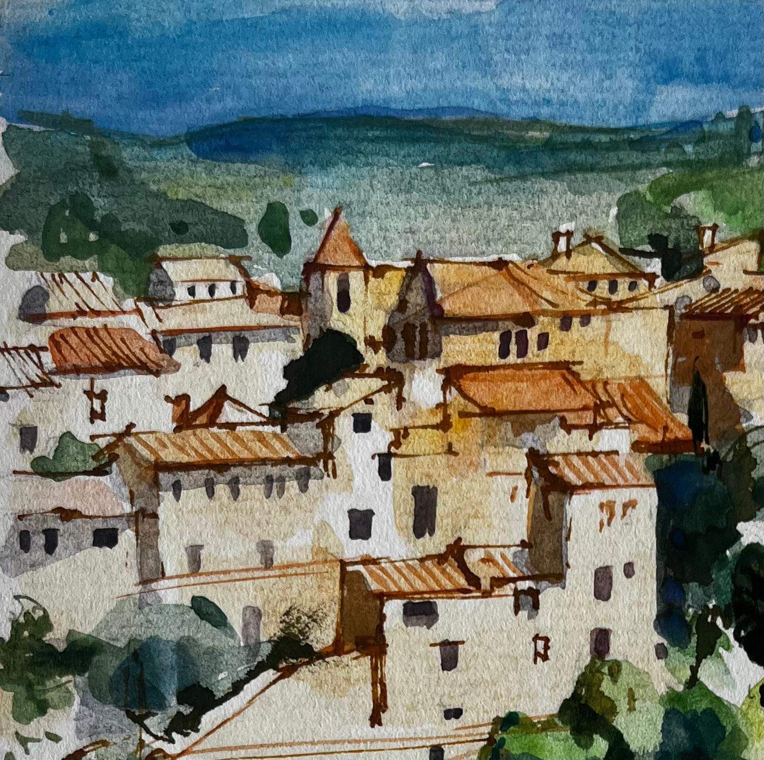 Lurs Provence Village perché Toits en terre cuite Paysage français Aquarelle - Post-impressionnisme Art par Pierre Neveu