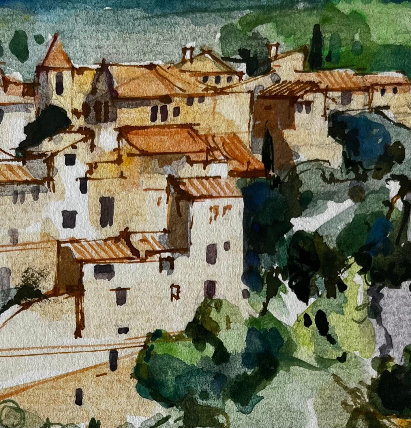 Lurs Provence Village perché Toits en terre cuite Paysage français Aquarelle en vente 2