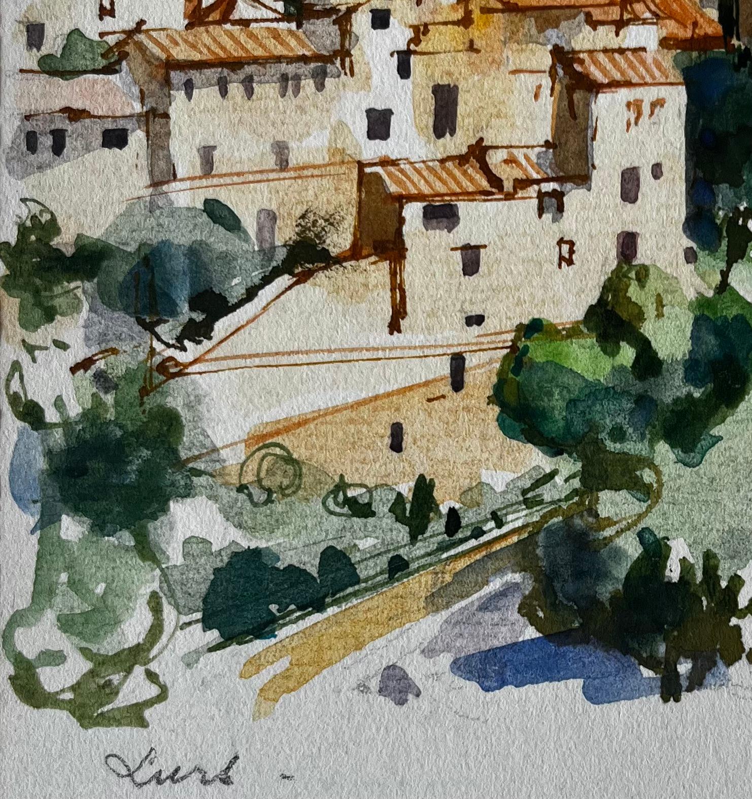 Lurs Provence Village perché Toits en terre cuite Paysage français Aquarelle en vente 1