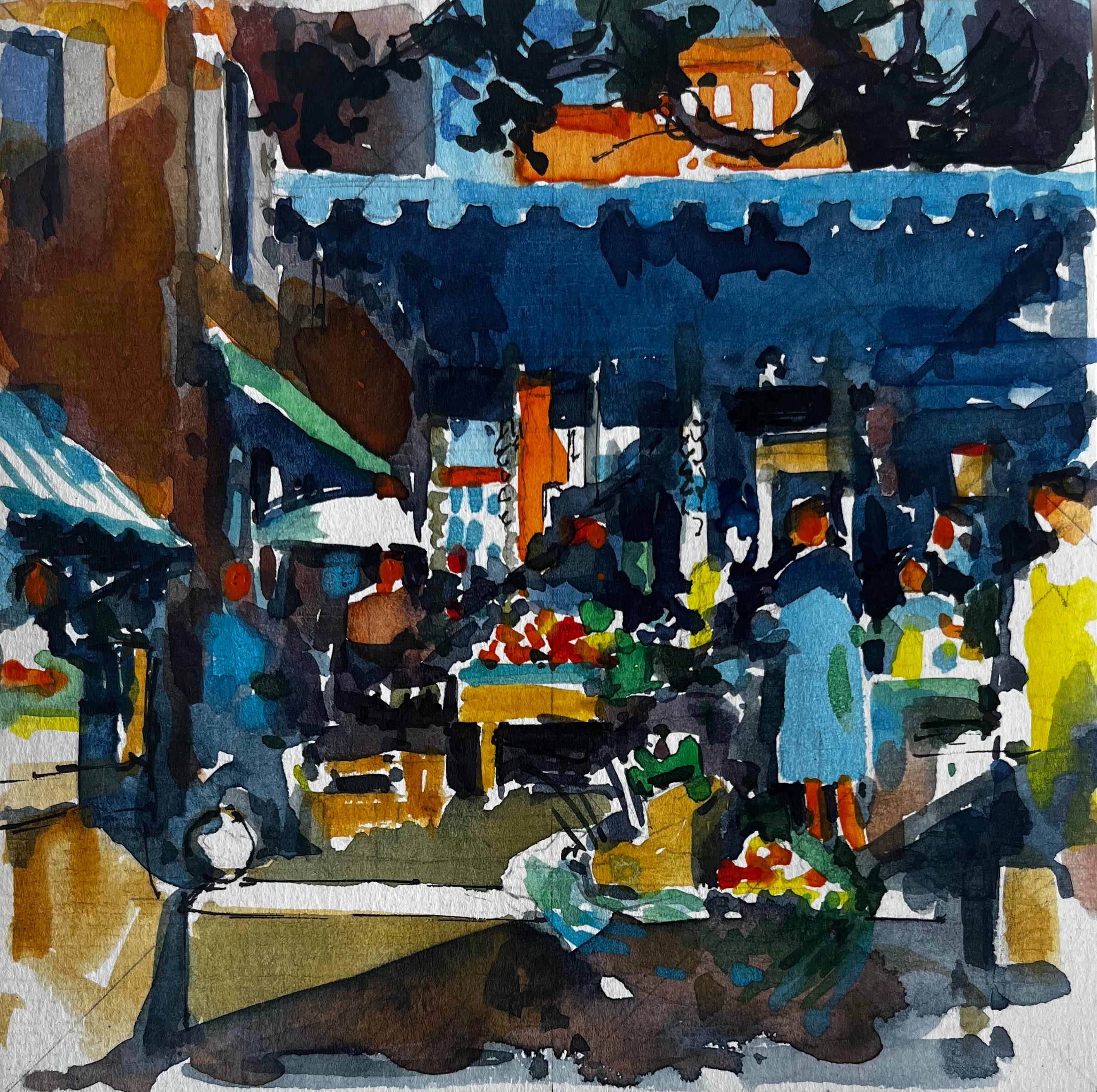 Marché de rue français Scène d
étals de fruits Vendeurs et acheteurs Aquarelle urbaine