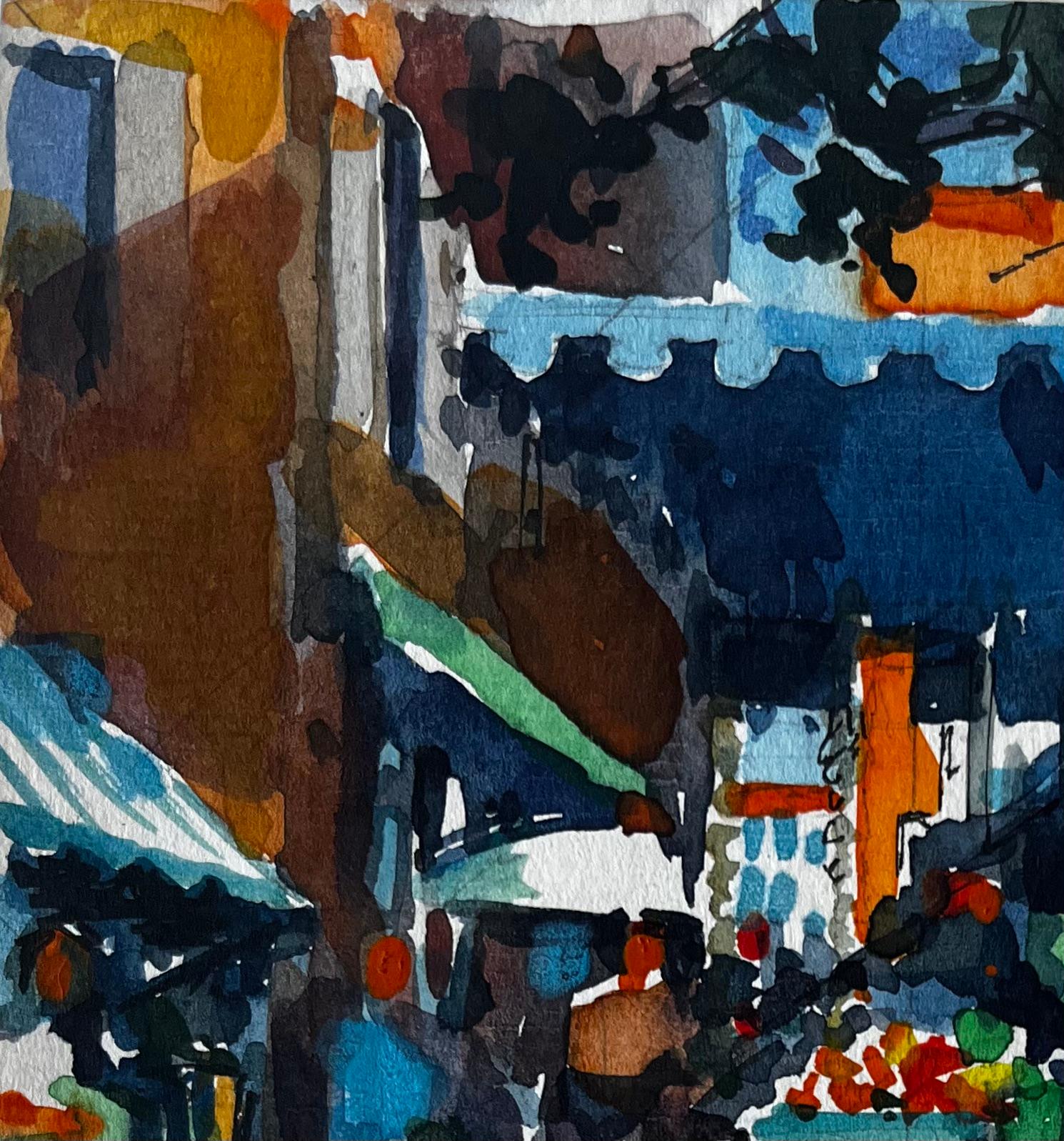 Scena di mercato francese con bancarelle di frutta, venditori e acquirenti Acquerello urbano - Art Postimpressionismo di Pierre Neveu